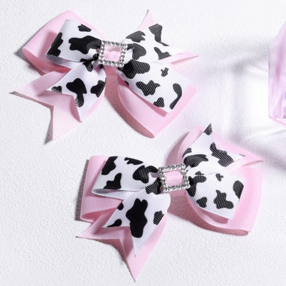 Pink Hair Bow Clips Cute Cow Print Grosgrain Fabric